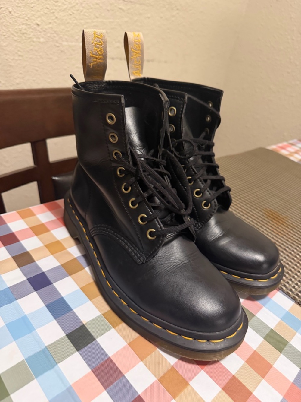 Dr. Martens Black Leather Combat Boots with Yellow Stitching